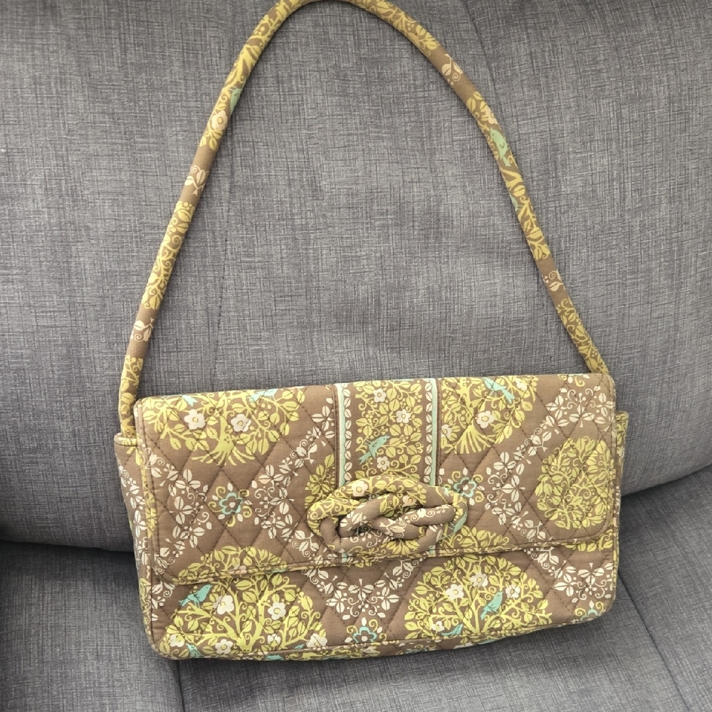 Vera Bradley Brown and Yellow Quilted Shoulder Bag with Birds. Sitting In A Tree